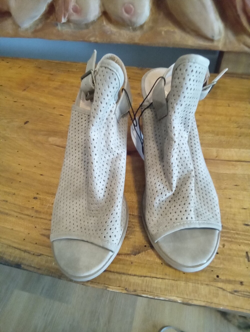NY&C Size 9 Open-Toe Perforated Slingback Booted Sandals - Beige